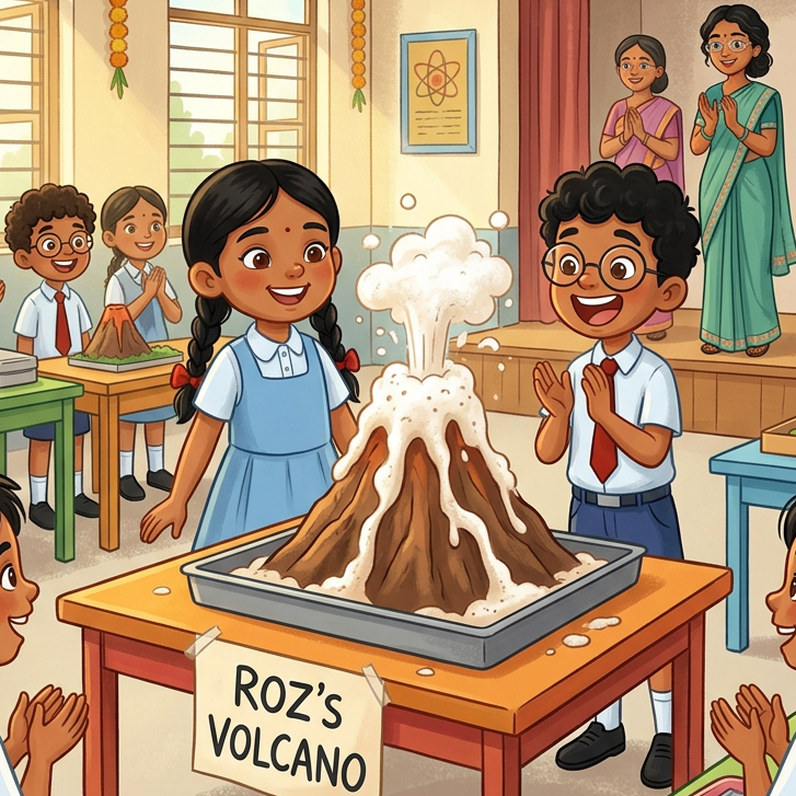 Classroom volcano experiment in Bold Flat Graphic style