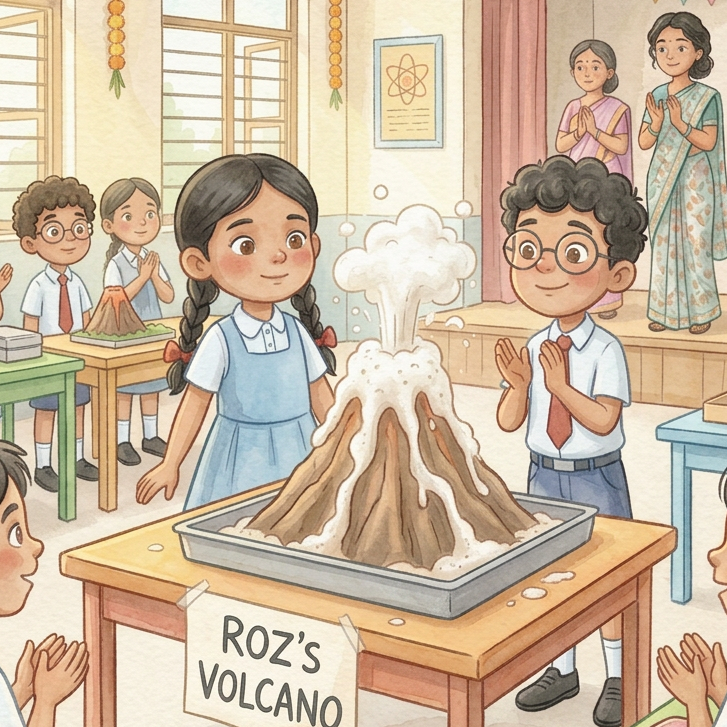 Classroom volcano experiment in Soft Watercolor style