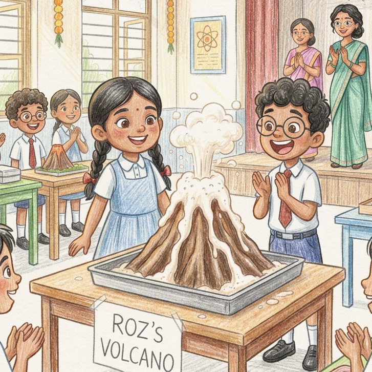 Classroom volcano experiment in Colored Pencil style
