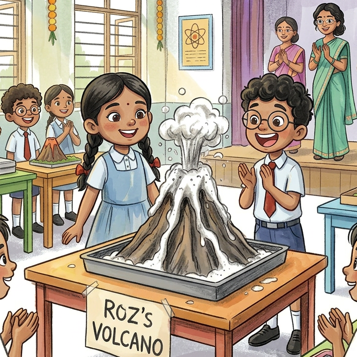 Classroom volcano experiment in Sketch and Wash style