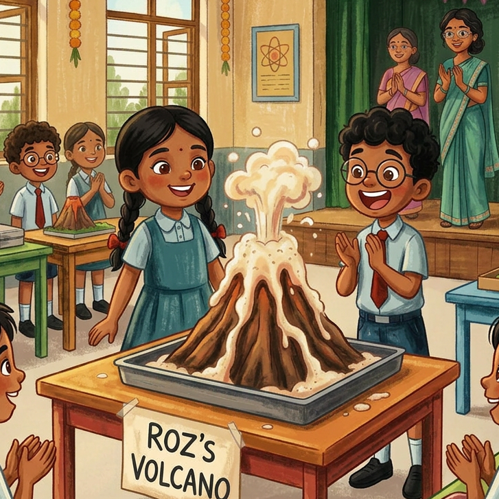 Classroom volcano experiment in Oil Pastel style